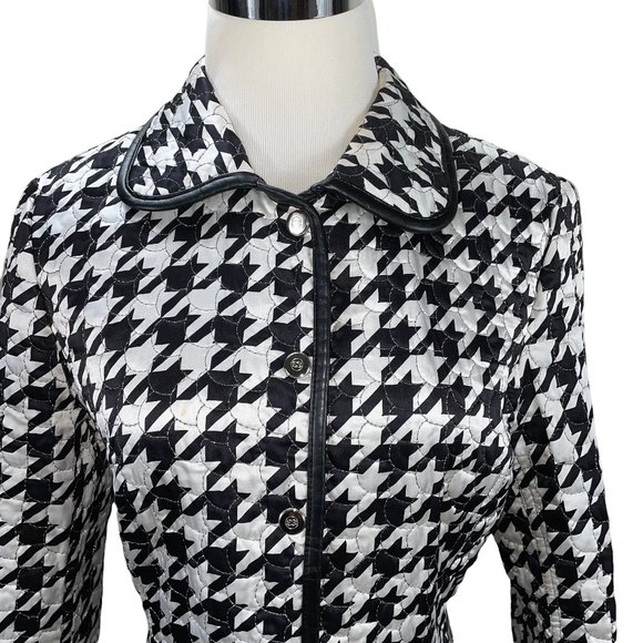 New Escada Large Houndstooth Print Silk Blend Jacket Ger 36 Leather Pockets - Picture 4 of 13